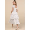 Elegant Square Neckline Puff Sleeve Ruffle Tight Waist Floral Embroidered Tiered Skirt