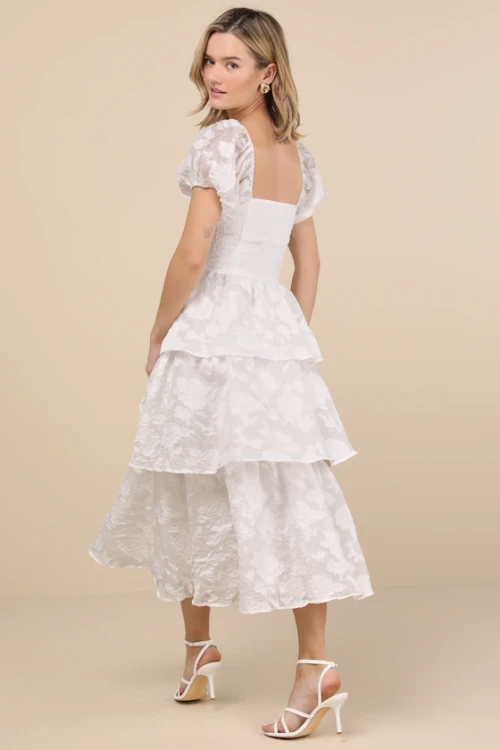 Elegant Square Neckline Puff Sleeve Ruffle Tight Waist Floral Embroidered Tiered Skirt