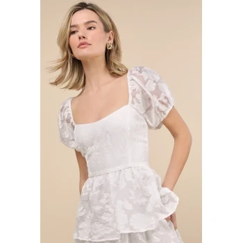 Elegant Square Neckline Puff Sleeve Ruffle Tight Waist Floral Embroidered Tiered Skirt