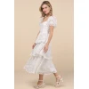 Elegant Square Neckline Puff Sleeve Ruffle Tight Waist Floral Embroidered Tiered Skirt