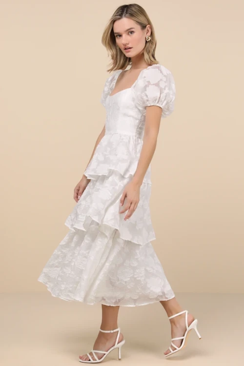 Elegant Square Neckline Puff Sleeve Ruffle Tight Waist Floral Embroidered Tiered Skirt