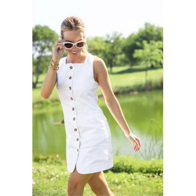 Casual Elegant Square neckline Sleeveless Button front Belt back Trims Ladies Mini Dress