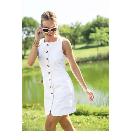 Casual Elegant Square neckline Sleeveless Button front Belt back Trims Ladies Mini Dress