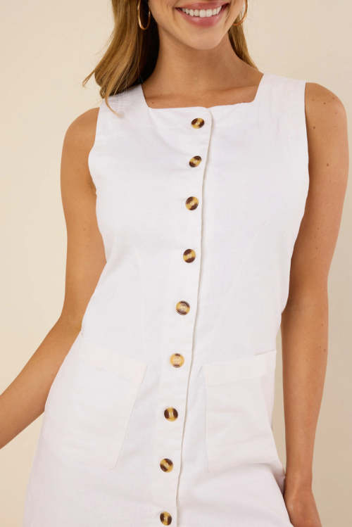 Casual Elegant Square neckline Sleeveless Button front Belt back Trims Ladies Mini Dress