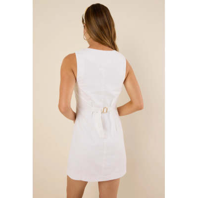 Casual Elegant Square neckline Sleeveless Button front Belt back Trims Ladies Mini Dress