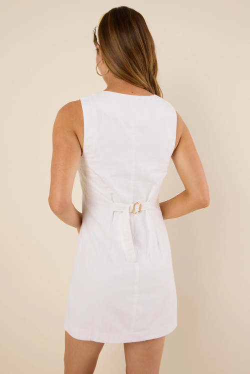 Casual Elegant Square neckline Sleeveless Button front Belt back Trims Ladies Mini Dress