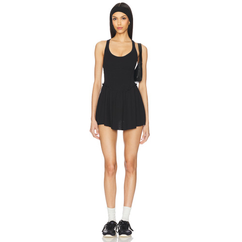 Mid Weight Jersey Fabric Cross Back Design Figure Flattering Slimming Black Halter Style Pleated Dress
