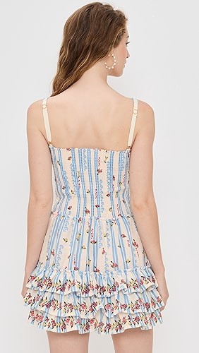 Mini length Stripe and Floral print Camisoel Square neckline Tiered ruffle hem Woman's Dress