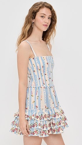 Mini length Stripe and Floral print Camisoel Square neckline Tiered ruffle hem Woman's Dress