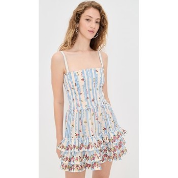 Mini length Stripe and Floral print Camisoel Square neckline Tiered ruffle hem Woman's Dress