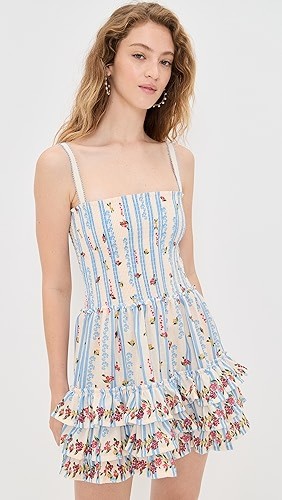 Mini length Stripe and Floral print Camisoel Square neckline Tiered ruffle hem Woman's Dress