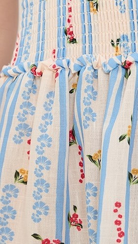 Mini length Stripe and Floral print Camisoel Square neckline Tiered ruffle hem Woman's Dress