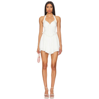 Sexy White Halter Neck Tie Back Dress Lace Paneling Ruffled Hem Mini Dress