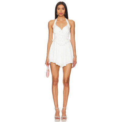 Sexy White Halter Neck Tie Back Dress Lace Paneling Ruffled Hem Mini Dress