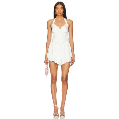 Sexy White Halter Neck Tie Back Dress Lace Paneling Ruffled Hem Mini Dress