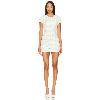 Fashionable Elegant White Tweed Round Neck Short Sleeve Buttoned Figure Hugging Mini Dress