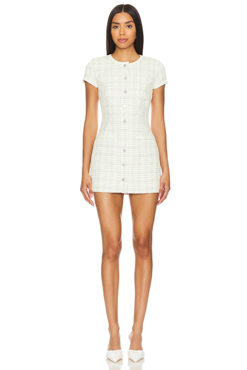 Fashionable Elegant White Tweed Round Neck Short Sleeve Buttoned Figure Hugging Mini Dress