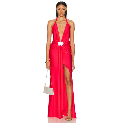 Woman's High Side slit quality Sexy Halter Deep neck Backless Sleeveless Long Dress