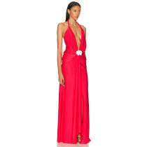 Woman's High Side slit quality Sexy Halter Deep neck Backless Sleeveless Long Dress