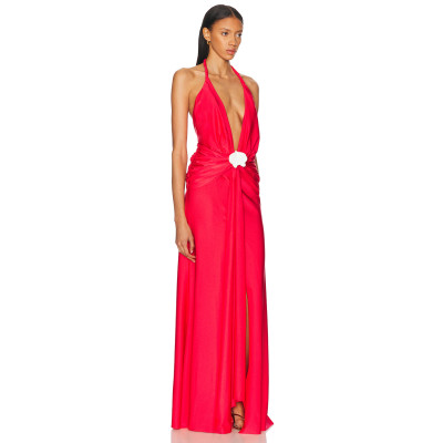 Woman's High Side slit quality Sexy Halter Deep neck Backless Sleeveless Long Dress