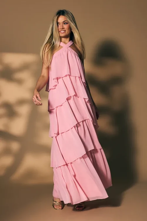 Elegant Halter Neckline Open Back Sleeveless Solid Color Tiered Skirt Casual Dress