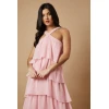 Elegant Halter Neckline Open Back Sleeveless Solid Color Tiered Skirt Casual Dress