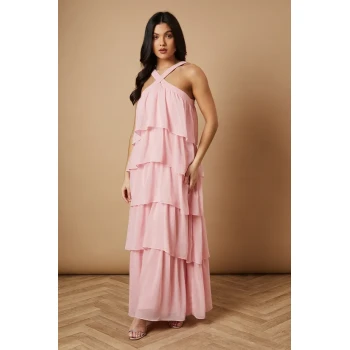 Elegant Halter Neckline Open Back Sleeveless Solid Color Tiered Skirt Casual Dress