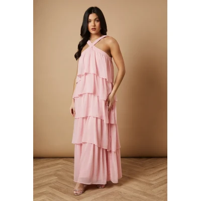 Elegant Halter Neckline Open Back Sleeveless Solid Color Tiered Skirt Casual Dress