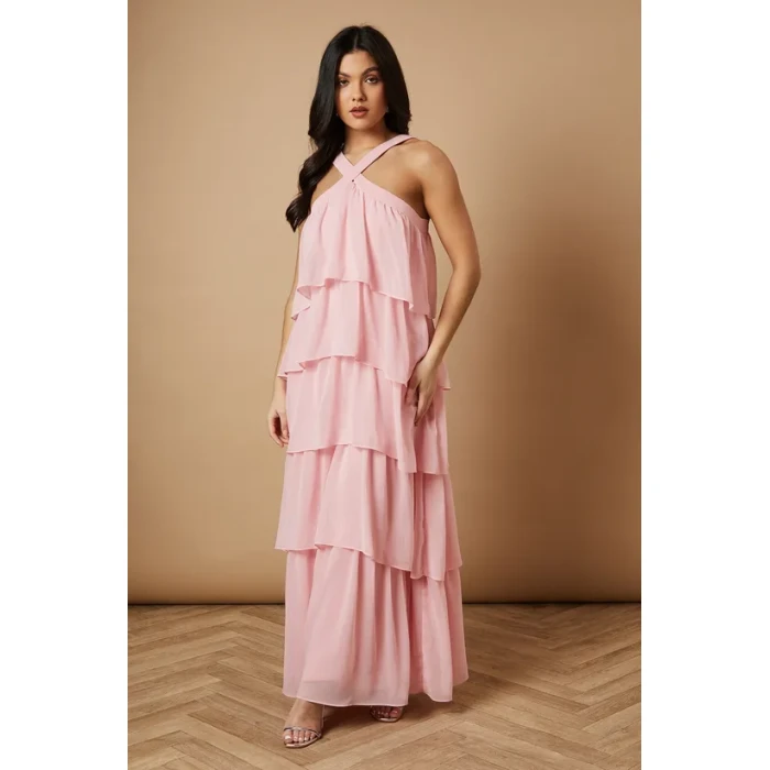 Elegant Halter Neckline Open Back Sleeveless Solid Color Tiered Skirt Casual Dress