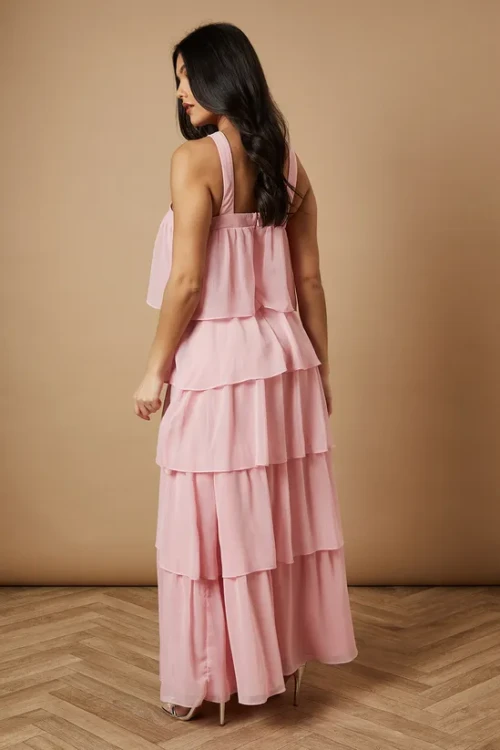 Elegant Halter Neckline Open Back Sleeveless Solid Color Tiered Skirt Casual Dress