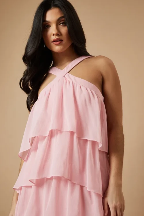 Elegant Halter Neckline Open Back Sleeveless Solid Color Tiered Skirt Casual Dress