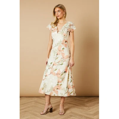Elegant V-Neck Short Sleeve Cut Out Slim Tight Waist Floral Print Casual Dress