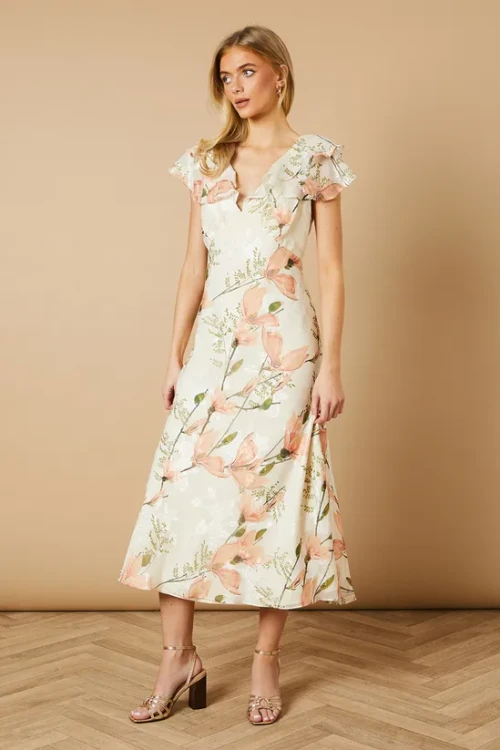 Elegant V-Neck Short Sleeve Cut Out Slim Tight Waist Floral Print Casual Dress