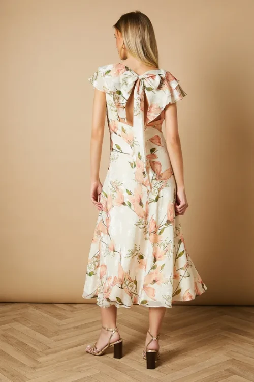 Elegant V-Neck Short Sleeve Cut Out Slim Tight Waist Floral Print Casual Dress