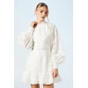 Elegant High Neckline Puff Sleeve Ruffle Tight Waist Solid Color Floral Embroidered Dress