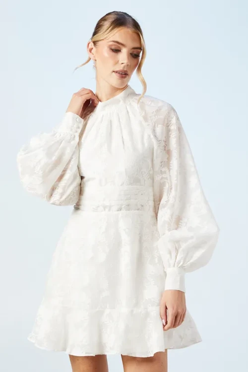 Elegant High Neckline Puff Sleeve Ruffle Tight Waist Solid Color Floral Embroidered Dress