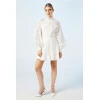 Elegant High Neckline Puff Sleeve Ruffle Tight Waist Solid Color Floral Embroidered Dress