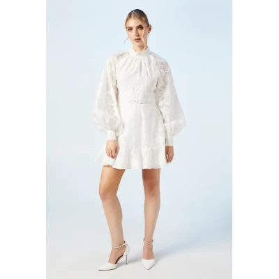 Elegant High Neckline Puff Sleeve Ruffle Tight Waist Solid Color Floral Embroidered Dress
