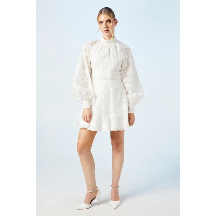 Elegant High Neckline Puff Sleeve Ruffle Tight Waist Solid Color Floral Embroidered Dress