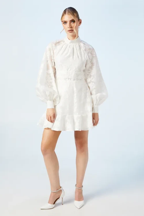 Elegant High Neckline Puff Sleeve Ruffle Tight Waist Solid Color Floral Embroidered Dress