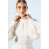 Elegant High Neckline Puff Sleeve Ruffle Tight Waist Solid Color Floral Embroidered Dress