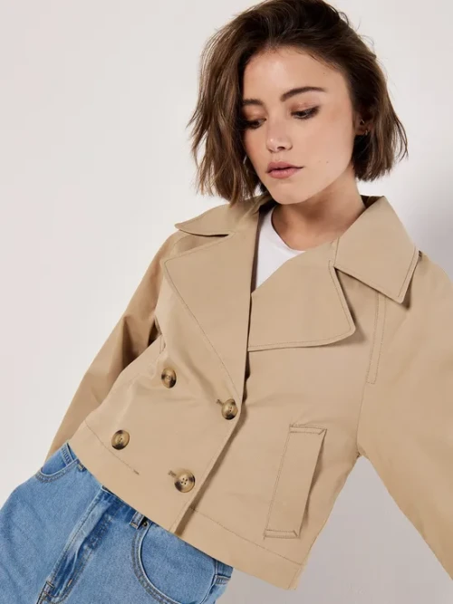 Simple  Double-Breasted Long Sleeve Solid Color Notched Lapels and Cropped Length Coat
