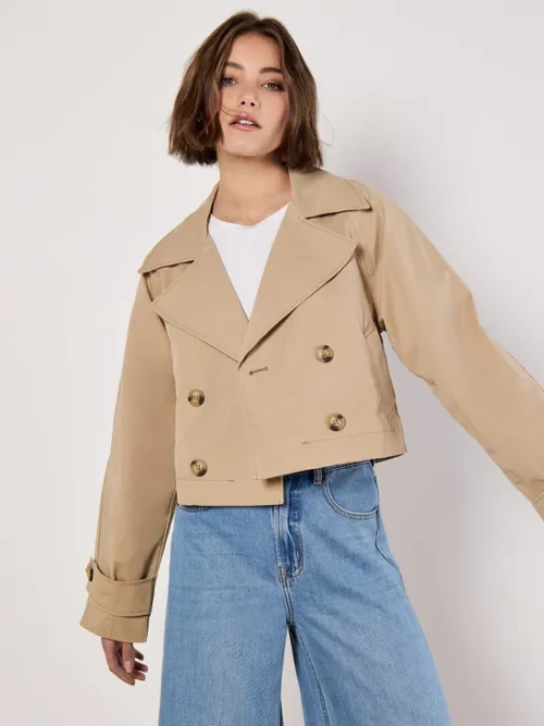 Simple  Double-Breasted Long Sleeve Solid Color Notched Lapels and Cropped Length Coat