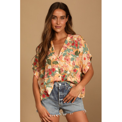 Fashionable Casual Short Sleeve Floral Print Button-Up Lulus Island Style T-shirt
