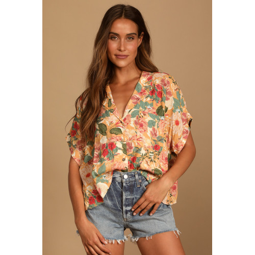 Fashionable Casual Short Sleeve Floral Print Button-Up Lulus Island Style T-shirt