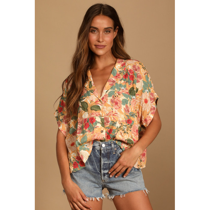 Fashionable Casual Short Sleeve Floral Print Button-Up Lulus Island Style T-shirt