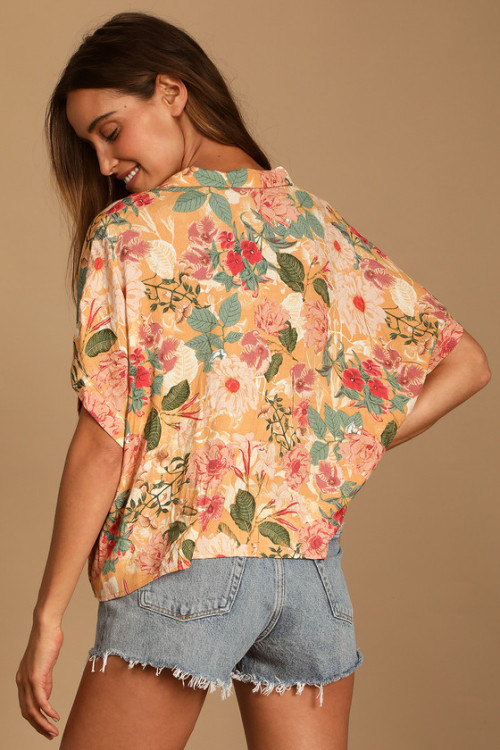 Fashionable Casual Short Sleeve Floral Print Button-Up Lulus Island Style T-shirt