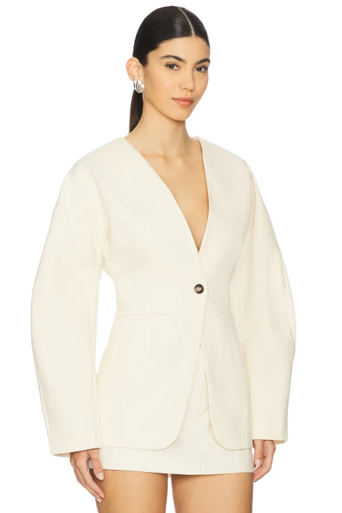 Medium Weight Knit Fabric Beige Tweed Double Breasted Gold Buttoned Cuff Design Blazer