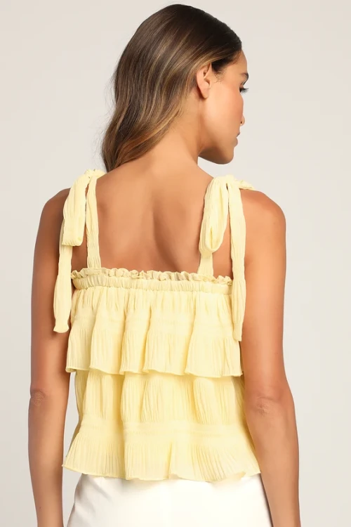Sample Camisole Square Neckline Open Back Solid Color Tie-Strap Tiered Tank Top