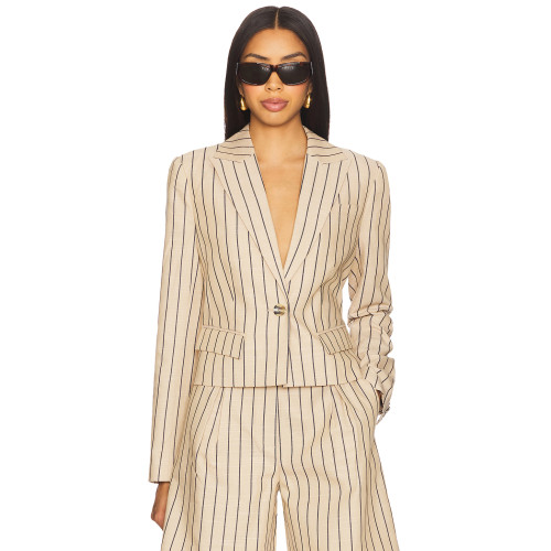 Stylish Professional Notched Lapel Collar Beige Black Striped Slim Fit Single Breasted Blazer